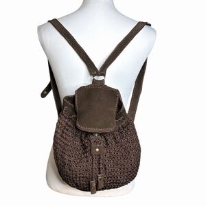 Puro Cuero Crochet Backpack Dark Brown Suede Trim Boho Festival Bucket Bag